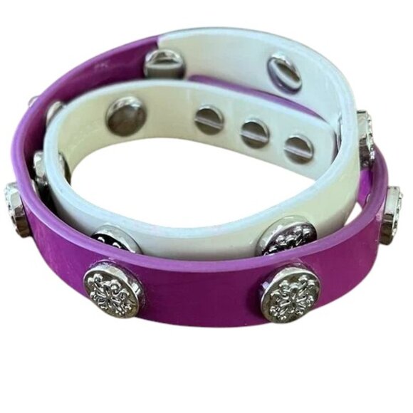 Rustic Cuff Leather Meagan Double Wrap Ivory and Purple Leather Logo Bracelet - Picture 1 of 5